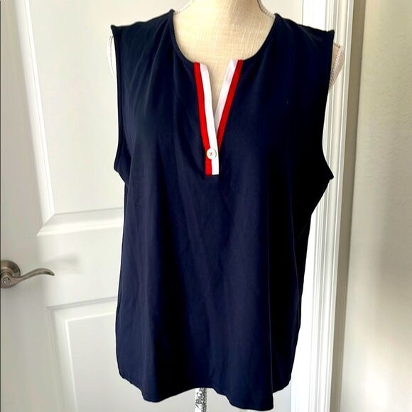 Tommy Hilfiger Navy Sleeveless Top with Red & White Grosgrain Trim V Neck SZ XL - Picture 1 of 6
